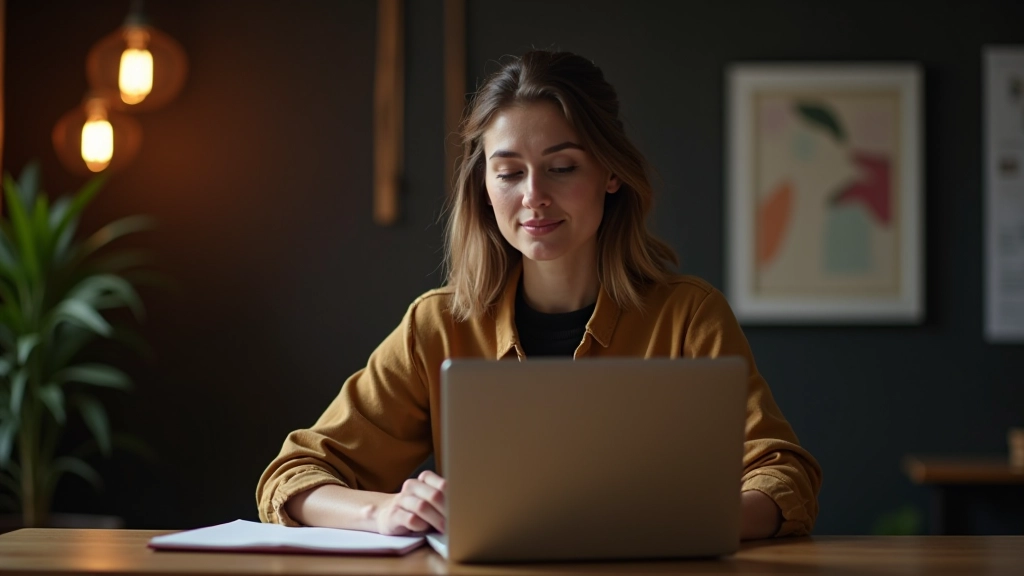Criadora de conteúdo trabalhando em seu computador, escrevendo legendas para redes sociais, ambiente criativo iluminado